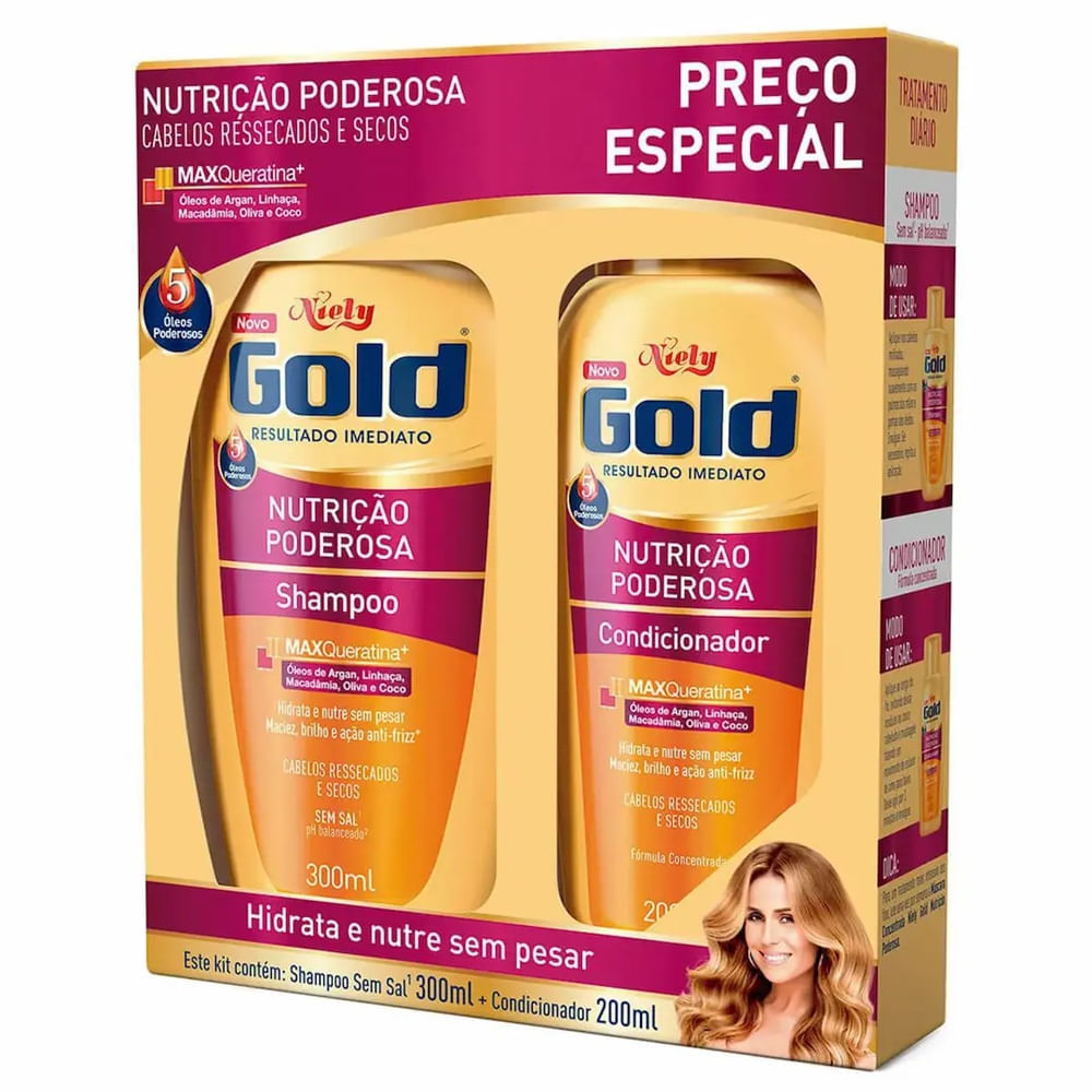 Kit Nutrição Poderosa Shampoo e Condicionador NIELY Gold 300ml + 200ml