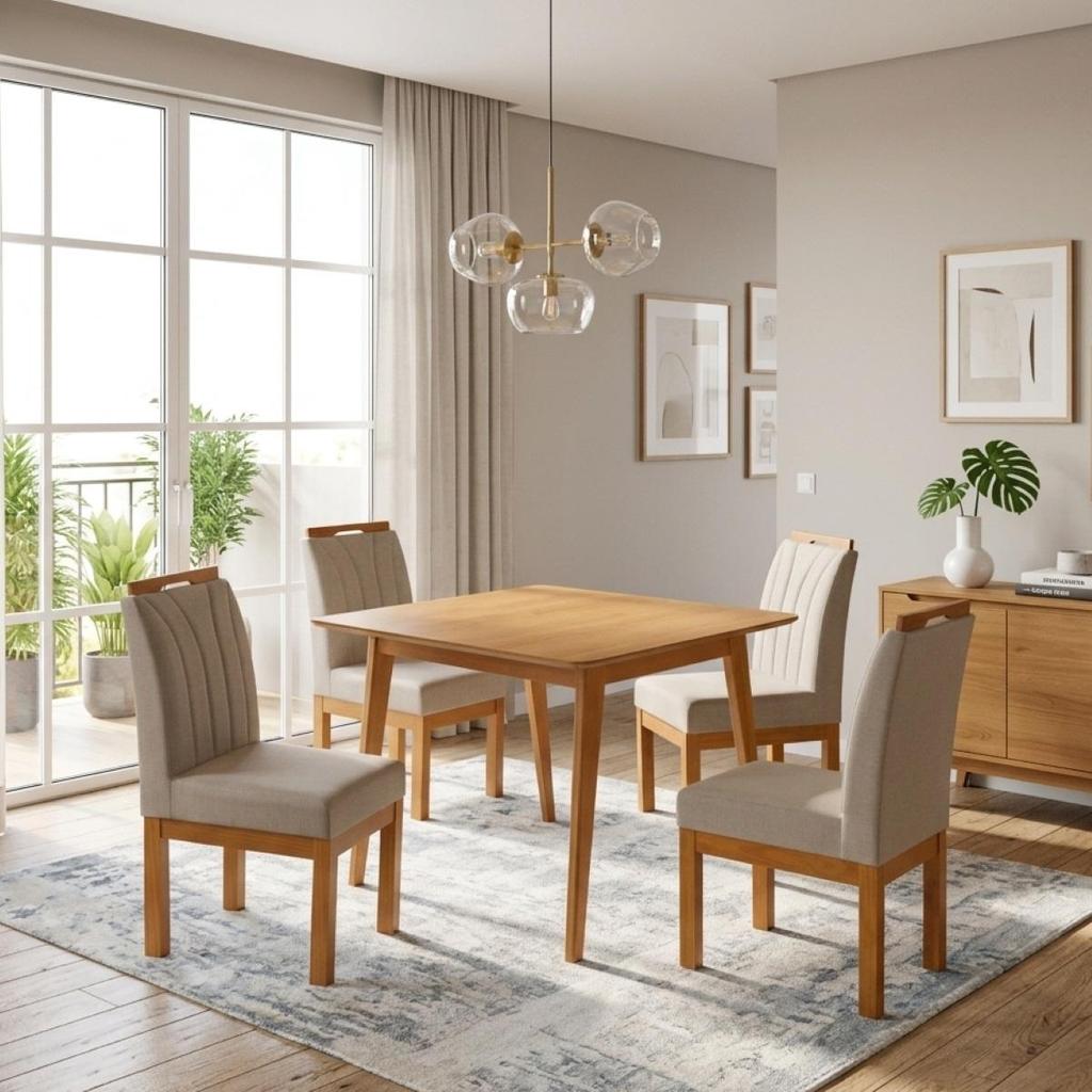 Conjunto Mesa de Jantar 90x90 MDF e 4 Cadeiras Blend Linho 
