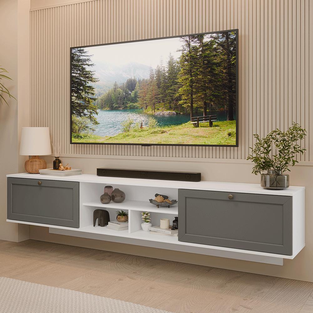 Rack Suspenso para TV até 80 Polegadas 218 cm 2 Portas Branco/Cinza Vik Madesa