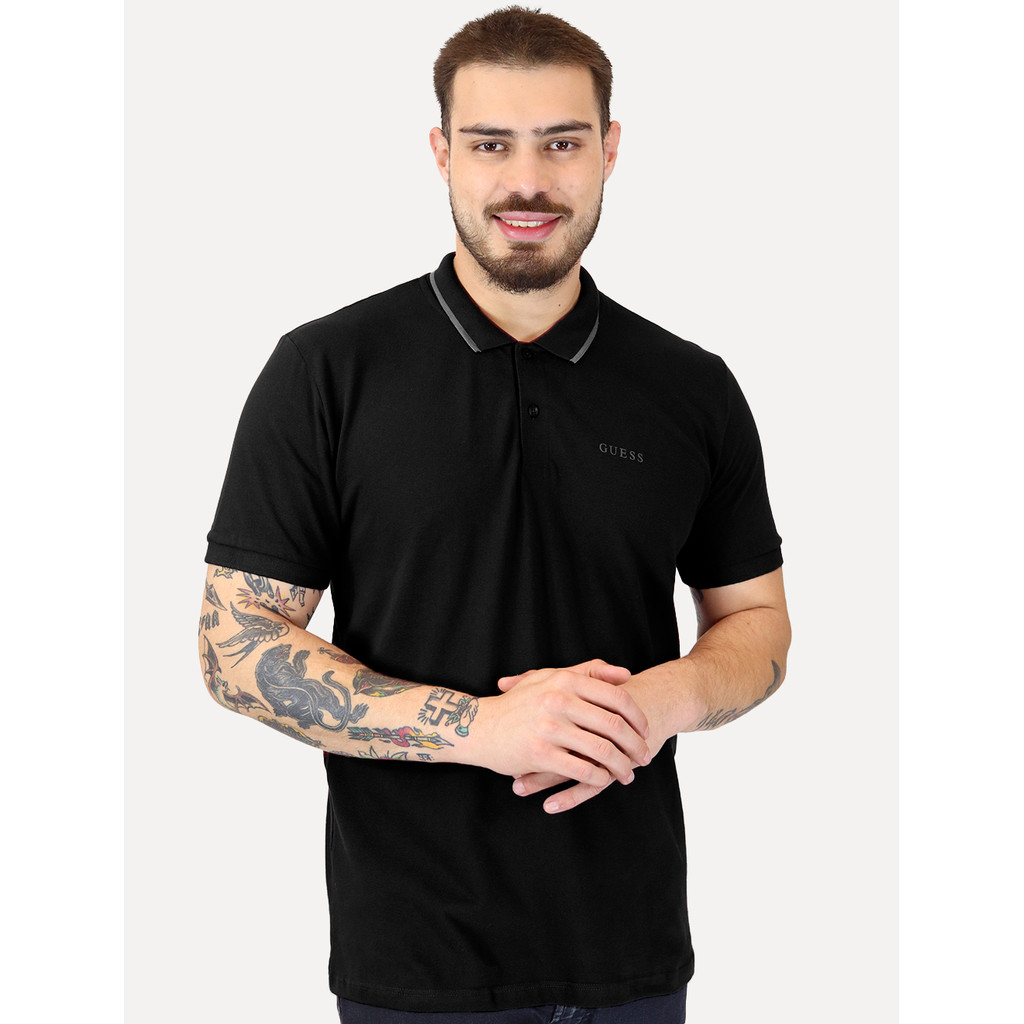 Polo Guess Masculina Piquet Silk Linear Grey Friso Preta