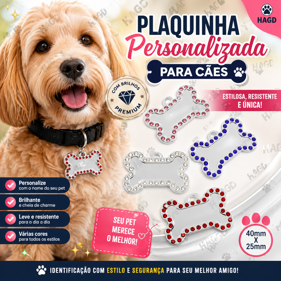 Plaquinha Pet Luxo com Strass Osso Personalizada - Identificação Brilhante para Cães e Gatos