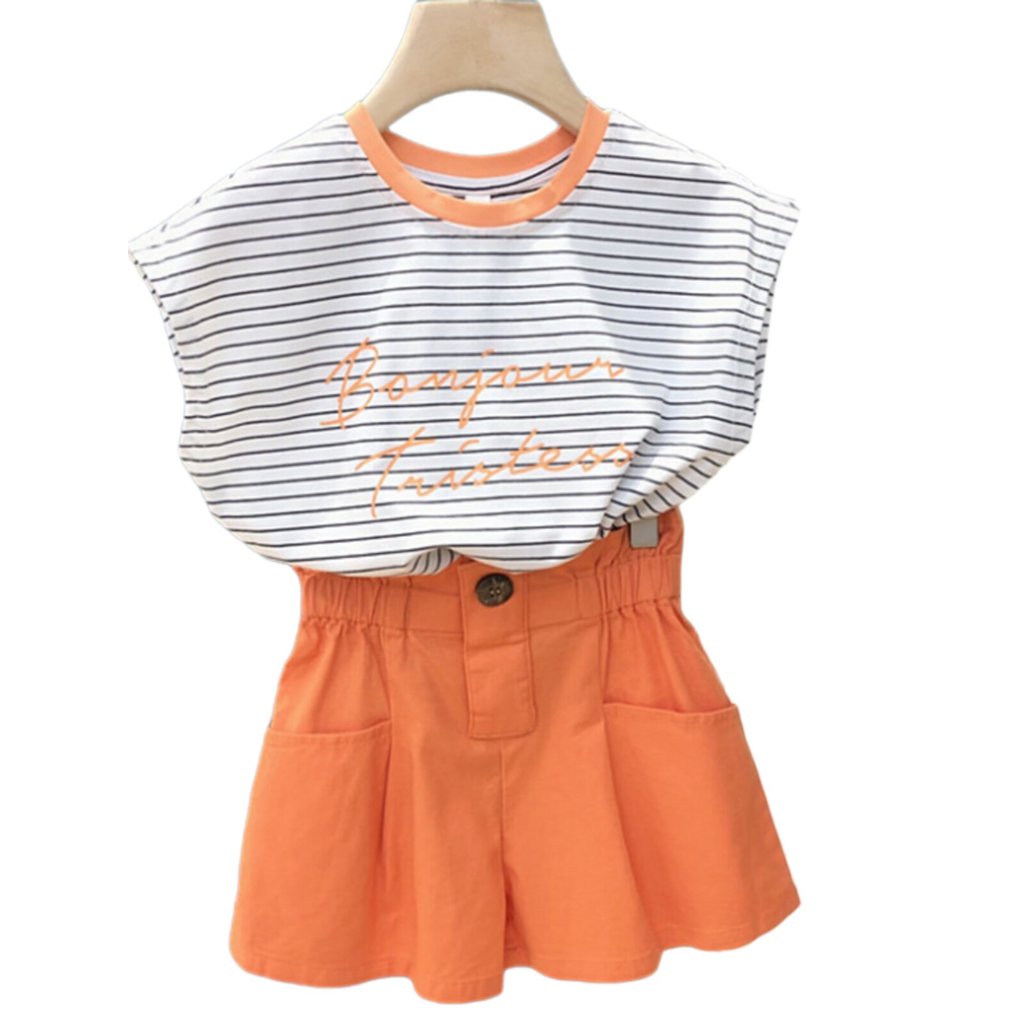 Estoque pronto Designer coreano roupas infantis 2026 verão meninas crianças médio grande crianças listrado camiseta calç