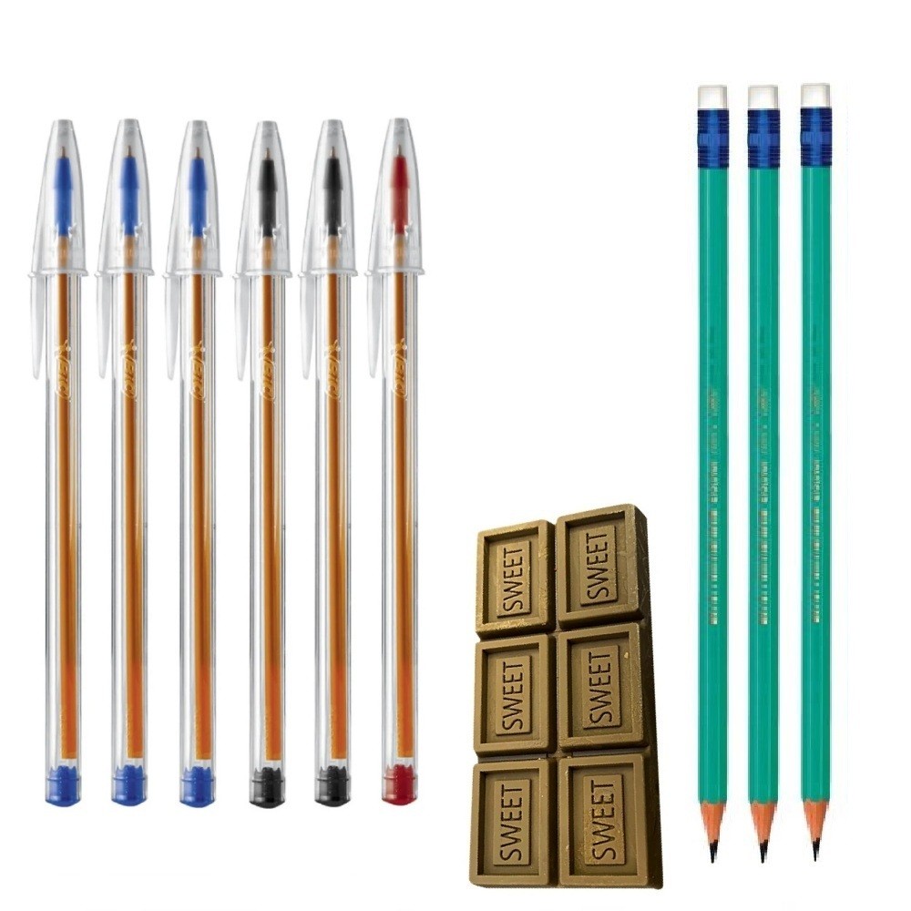 Kit Escolar 3 Lapis Bic c/borracha 1 Borracha e 6 Canetas Bic Fina