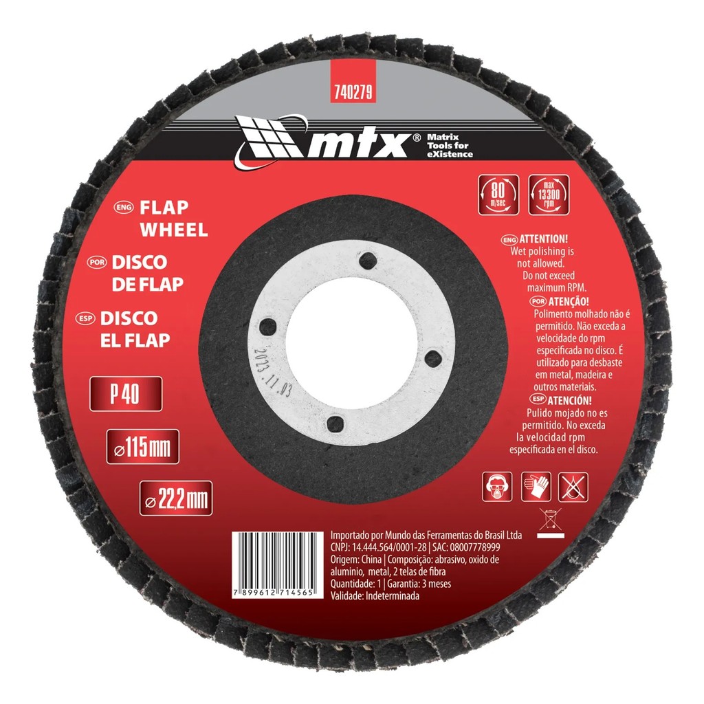 Disco Flap MTX Grão 40 115 x 22,2mm 1 Peça