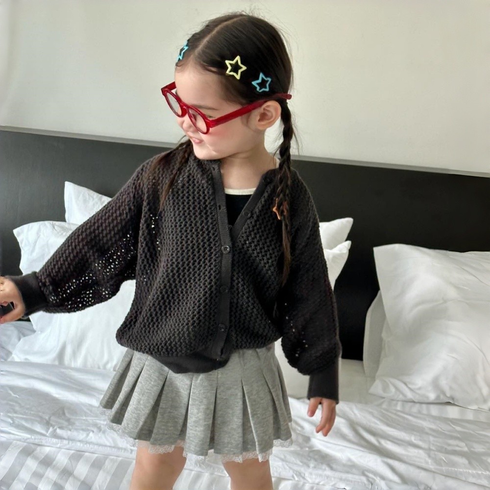 Theioioio Cardigan Infantil Tricot 100% Algodao Cinza Chumbo Malha Vazada Listras nas Mangas 2-6 Anos TBC40169