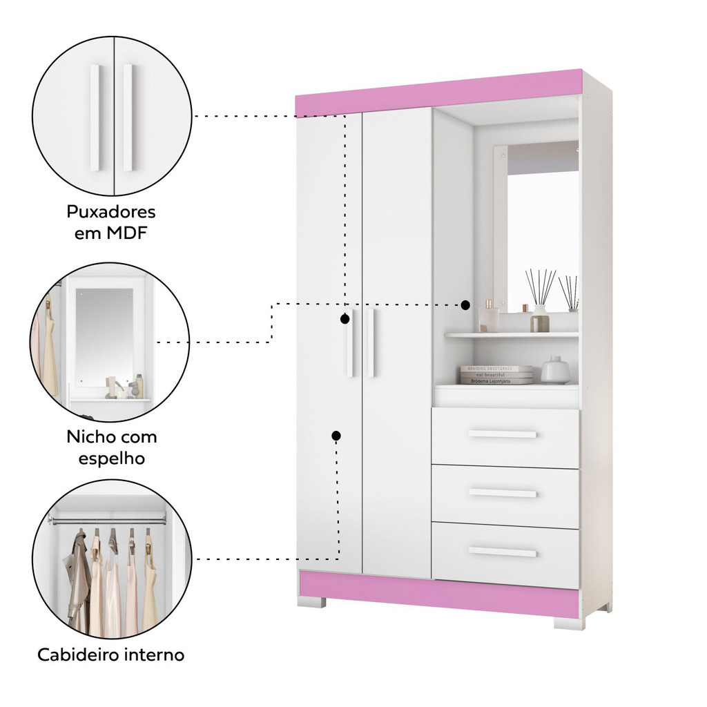 Guarda-Roupa Solteiro para Quarto 5170 com 2 Portas 3 Gavetas Compacto Moderno Branco Rosa - Notável · foto 2