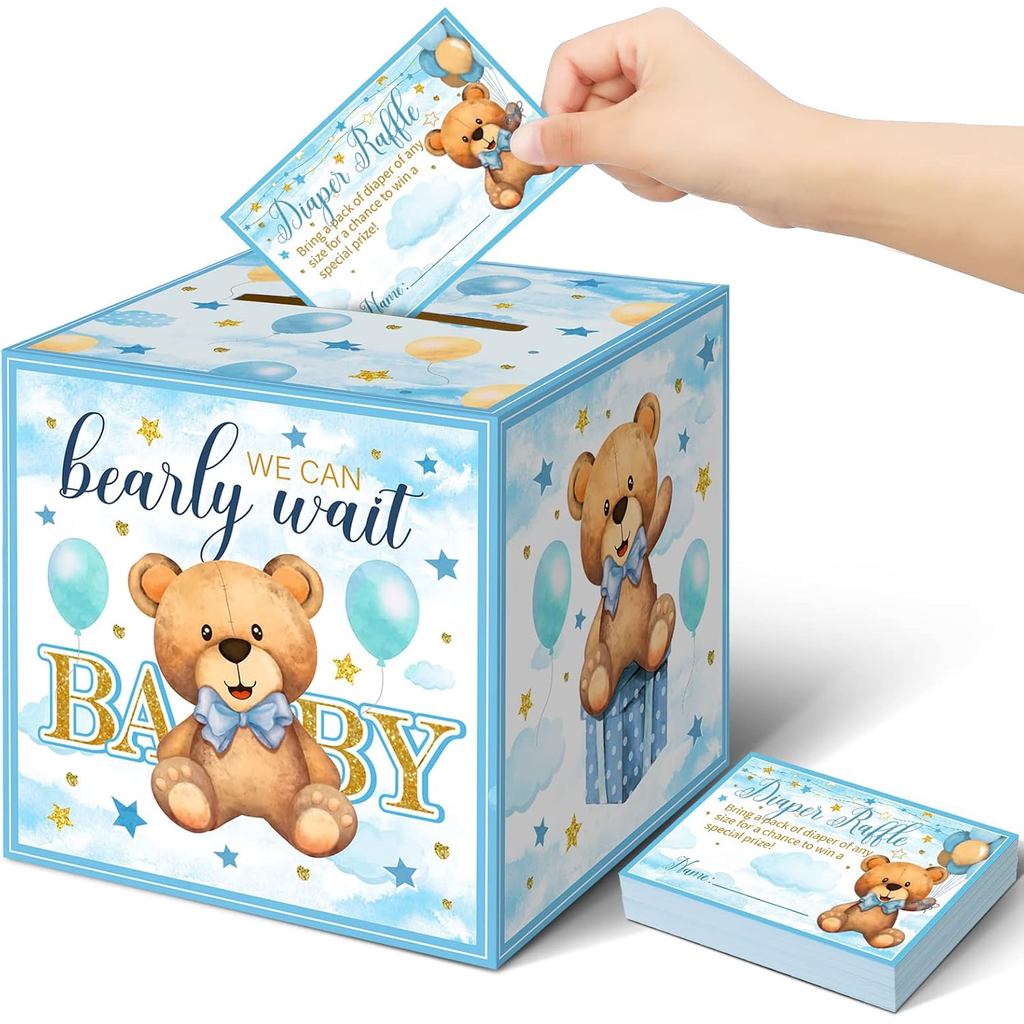 Spakon 51 Peças de Bilhetes de Rifa com Tema de Urso com Caixa Azul para Suprimentos de Chá de Bebê, Decoração de Jogo,