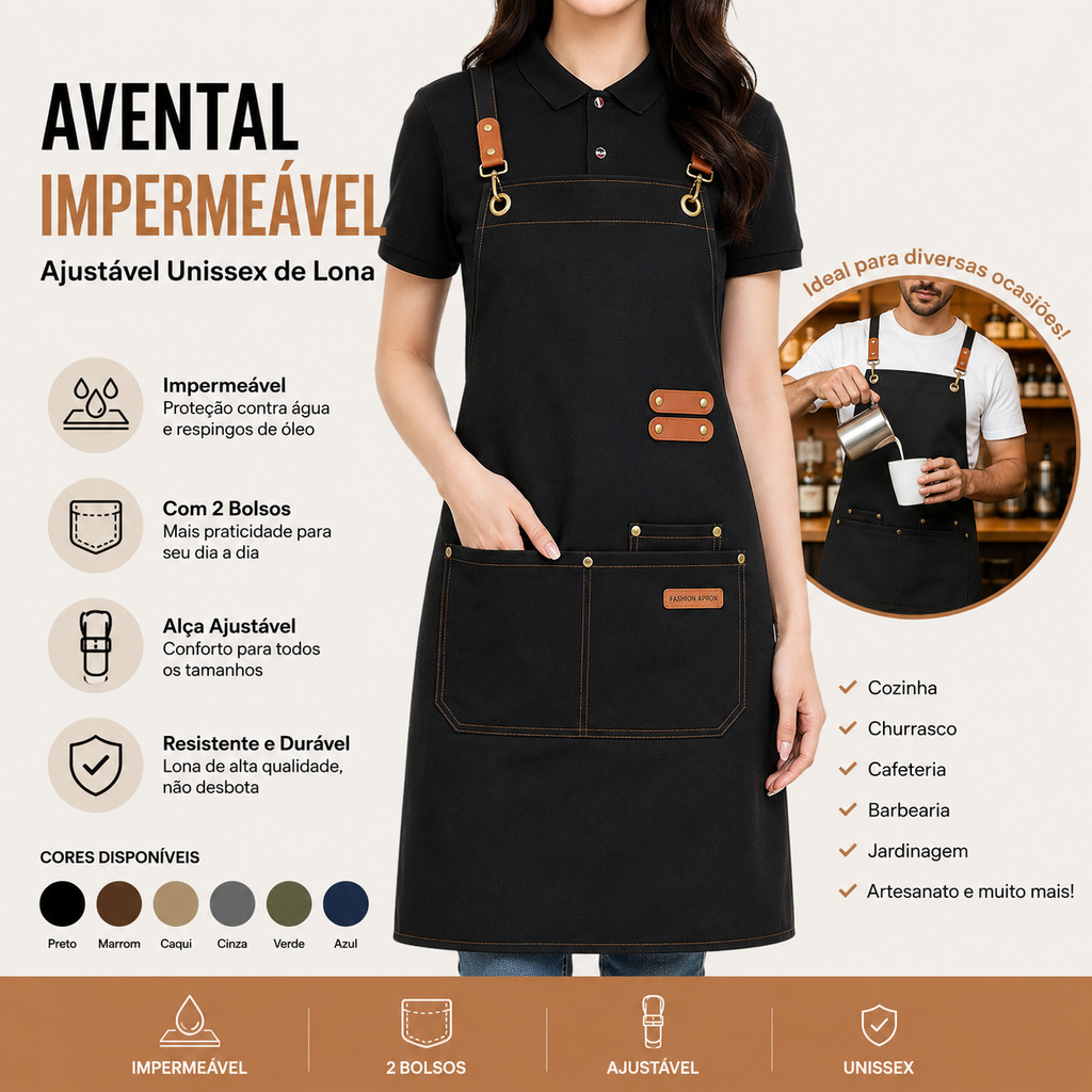 Avental Impermeável Ajustável Unissex de Lona Cozinha Restaurante Café Barbeiro Jardinagem