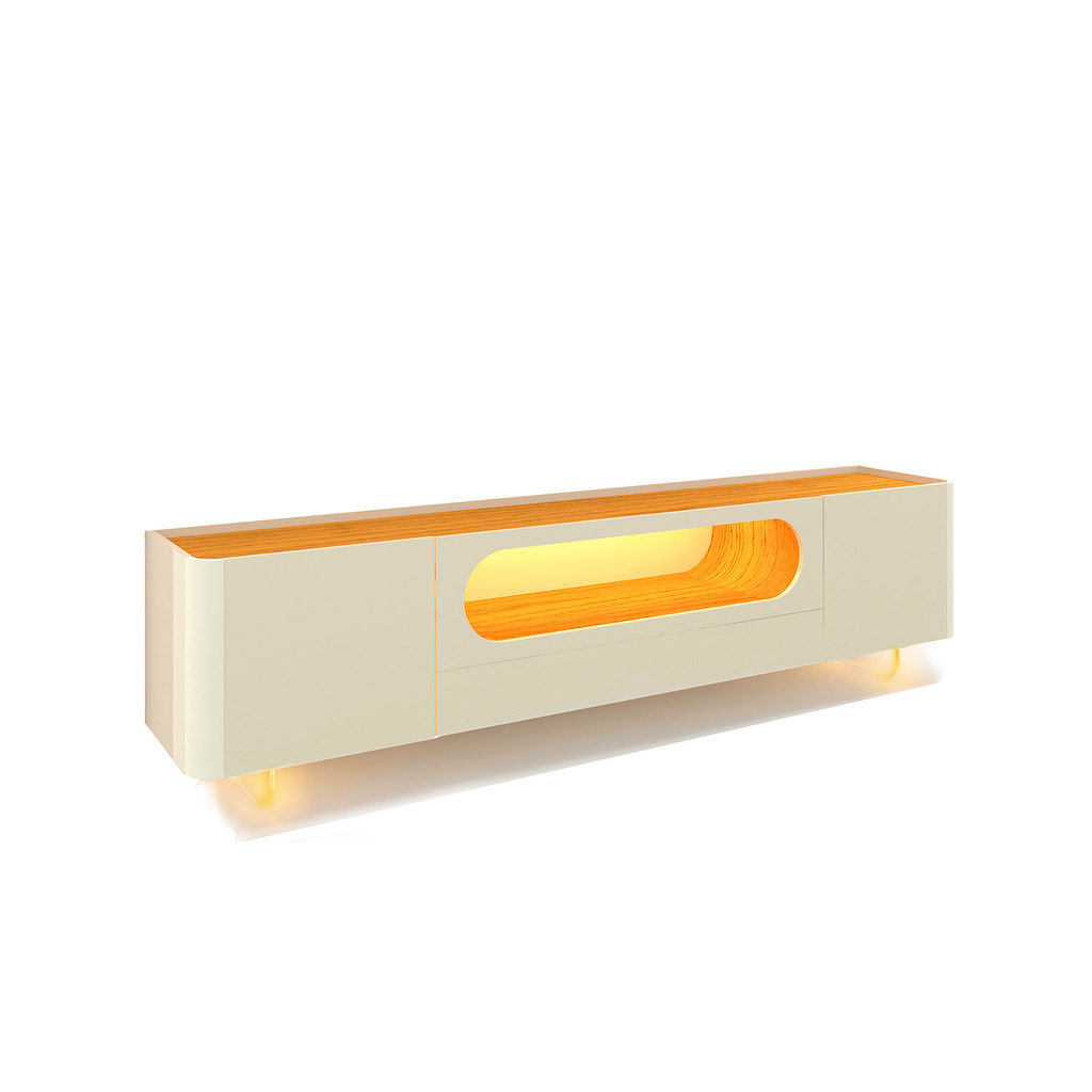 Rack Bancada Nobre Para sala TV até 75 Polegadas com Pés de Vidro com LED Off White com Nature - Gelius