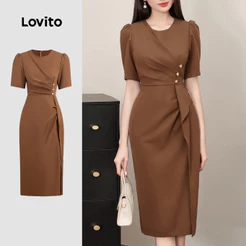 Lovito Elegante Nacional Vestido Feminino Com Babados Marrom Primavera/verão L150ED093