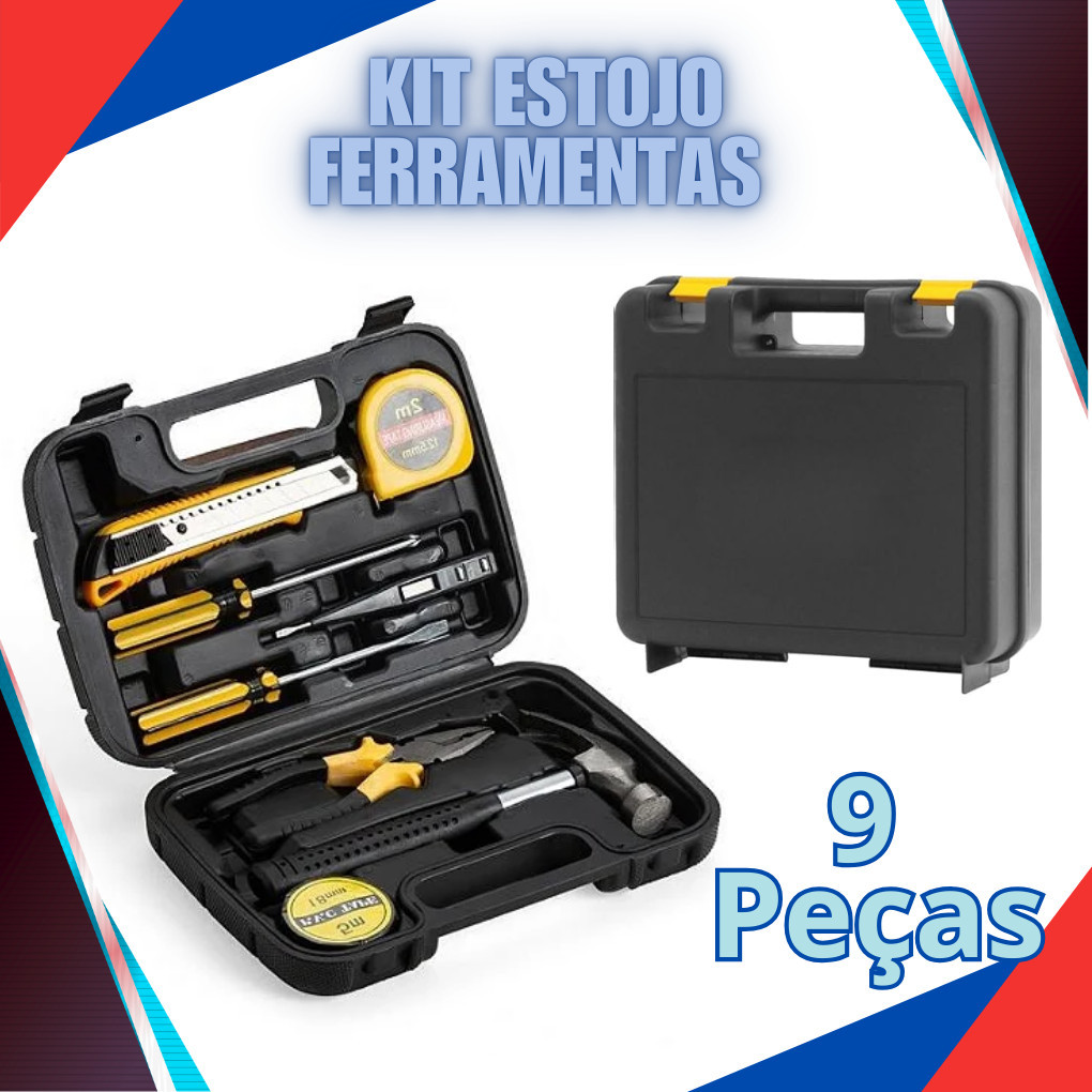 Conjunto Maleta Estojo Ferramentas 9 Peças Martelo Alicate Chave de Fenda Trena Portátil