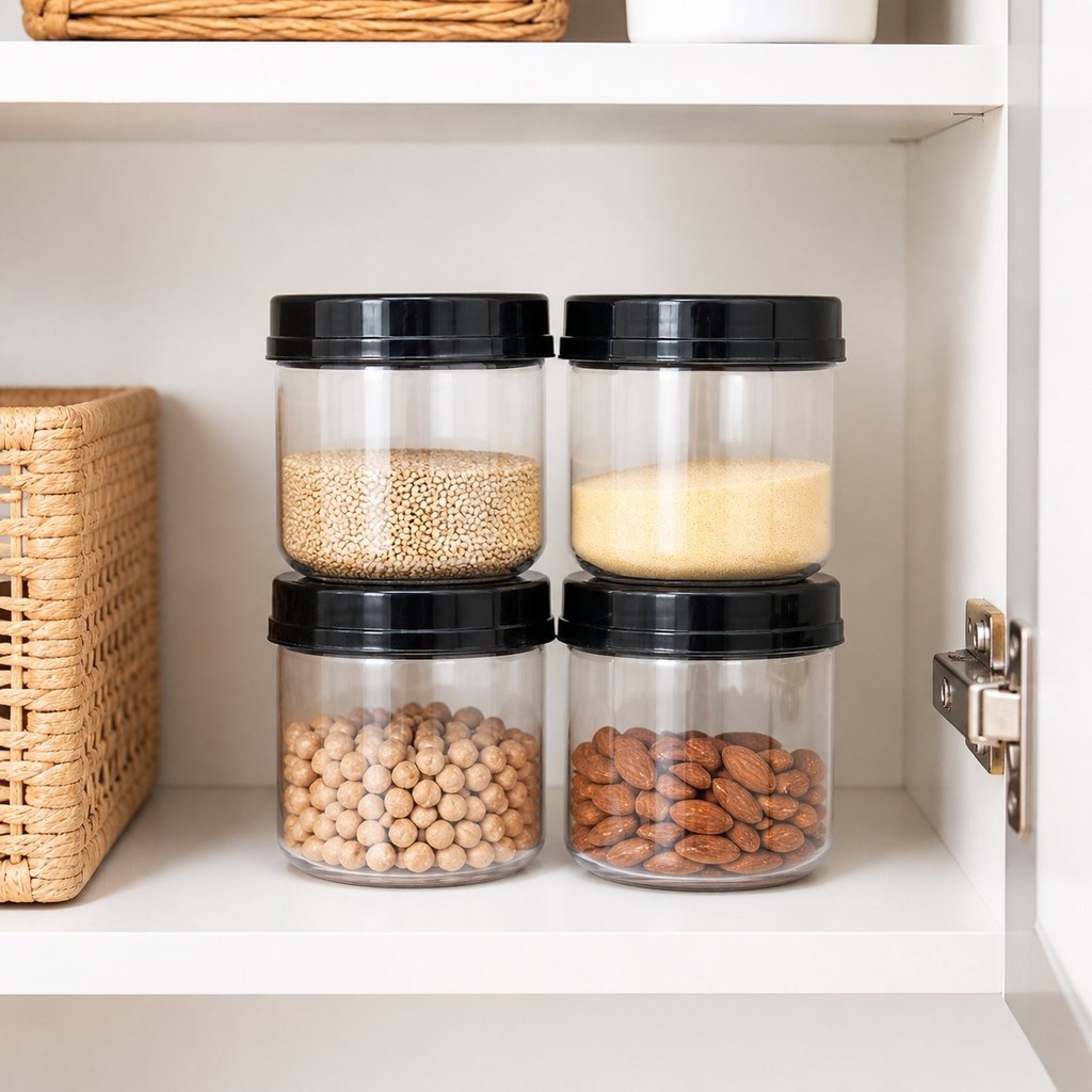 Kit 4 Potes Organizadores Gire e Trave 380ml Herméticos para Cozinha Preto