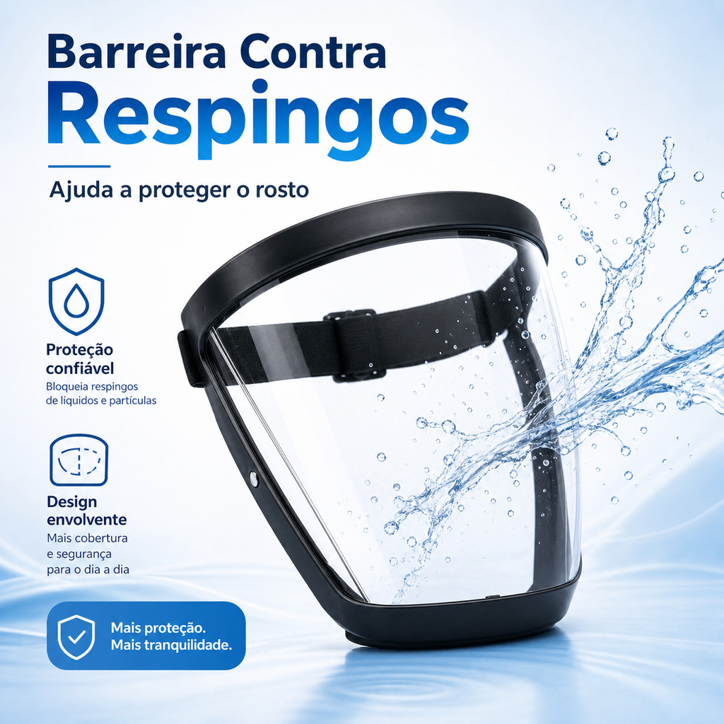 Máscara de Proteção Facial Completa Moldura Preta Lente Transparente Anti-embaciamento , Anti-salpicos e Poeira