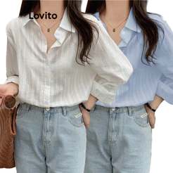 Lovito Elegante Blusa Lisa Jacquard Manga Comprida Blusa Feminina LNE27024 (Multicolorido)