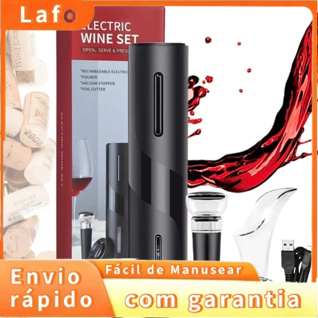 Conjunto de abridor de garrafa elétrico recarregável preto de 4 peças, suporte para carregamento USB