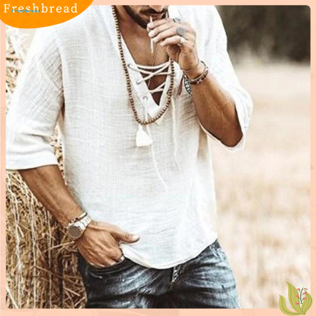 Mature Men Shirt Solid Color Top Summer Men’s Lace-up V Neck Mid Sleeve Loose Fit Quick Dry Lightweight Pullover Retro