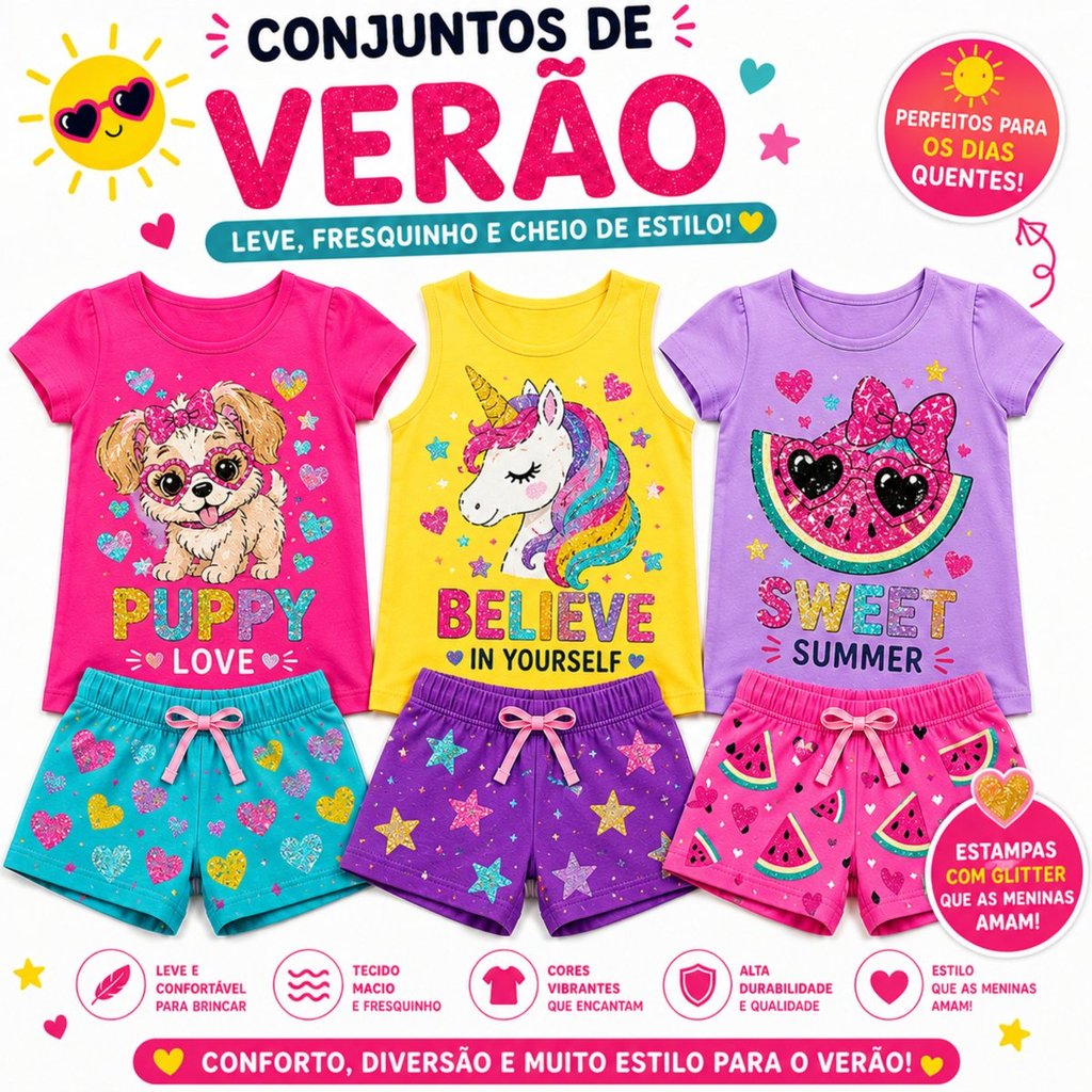 Kit Sortidos 2 ou 4 Peças Conjunto Verão Infantil Menina Blusinha e Short Moda Infantil VERÃO Feminina Entrega Rápida
