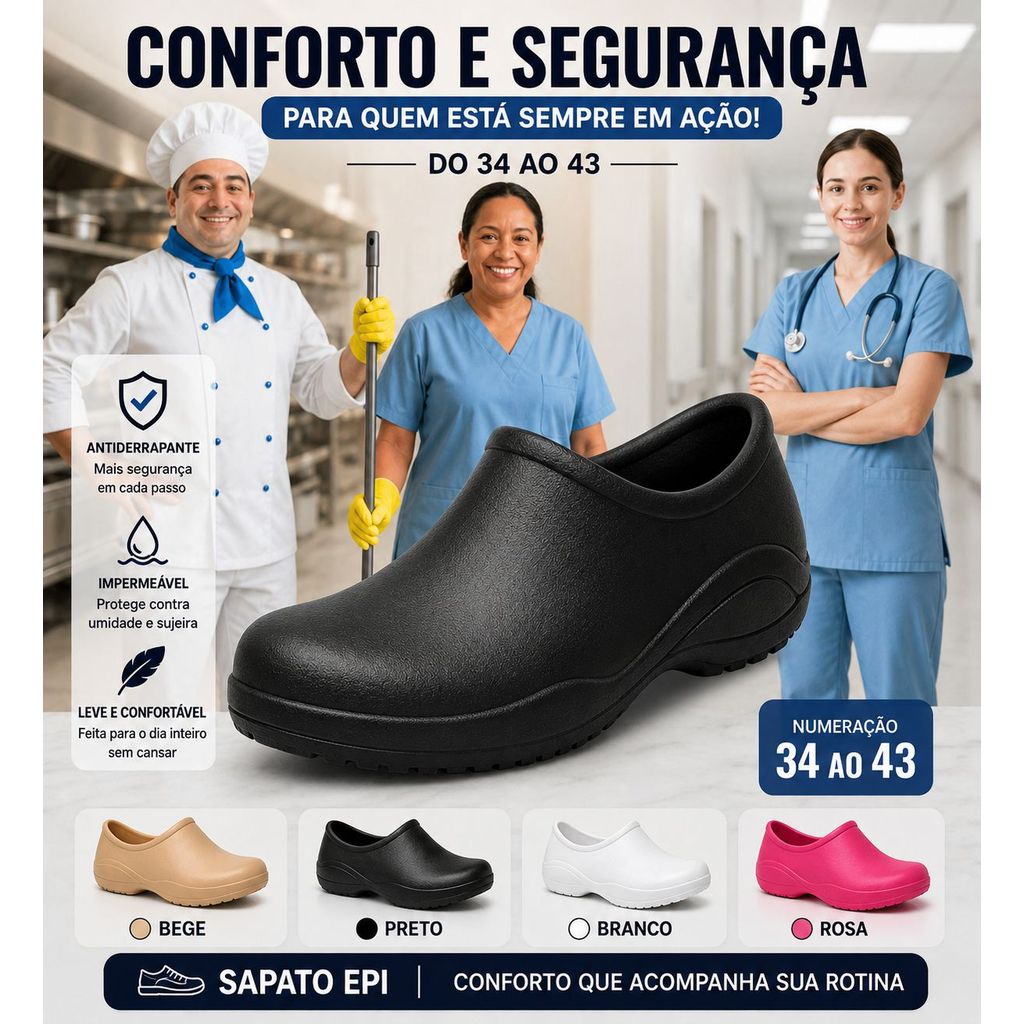 Sapato Antiderrapante Profissional Impermeável Trabalho hospitalar EPI Cozinha Limpeza Enfermagem