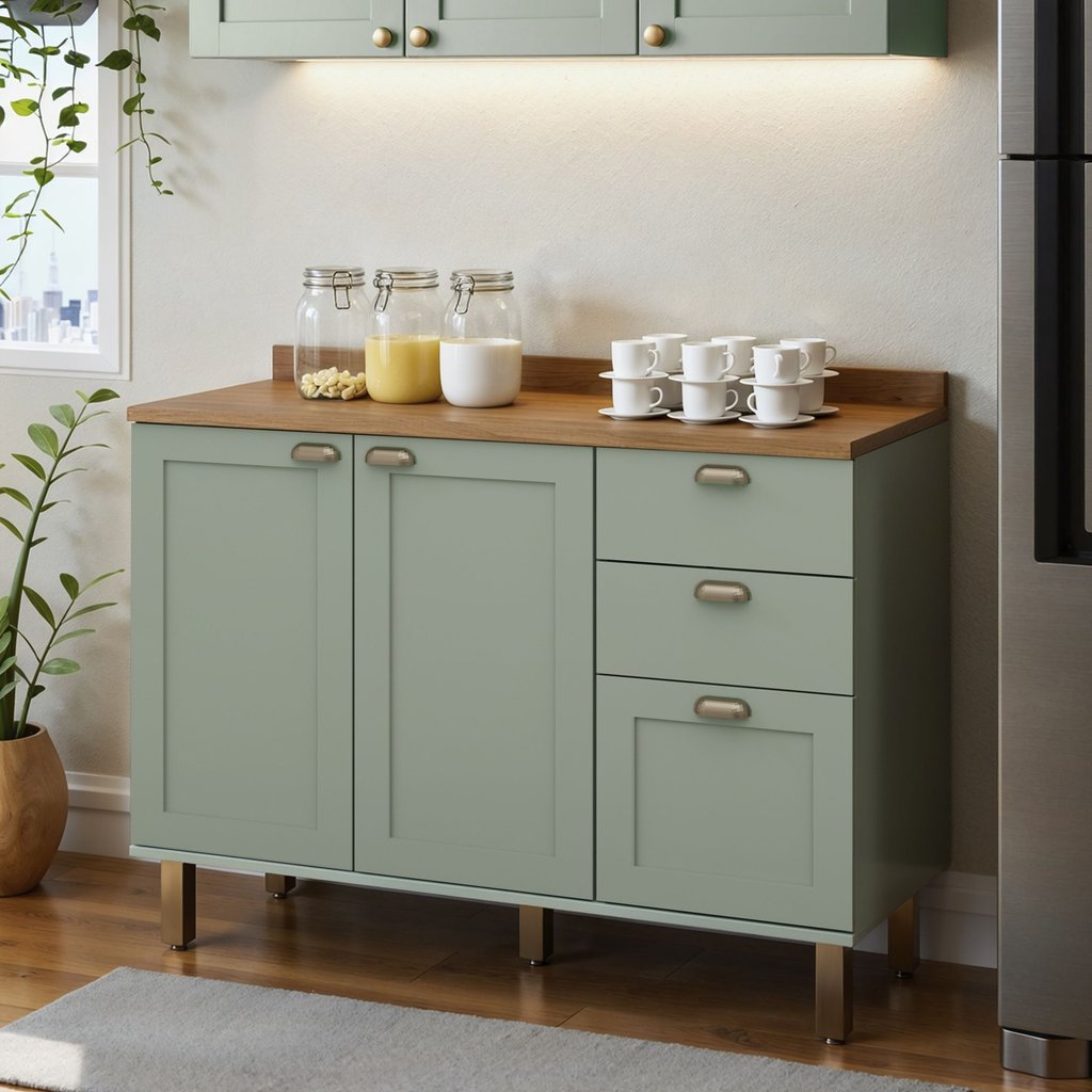 Balcão para Cozinha 2 Portas 3 Gavetas Provençais com Tampo Iluminata Verde/Mint/Ébano Fosco Verde Mint/Ébano Fosco