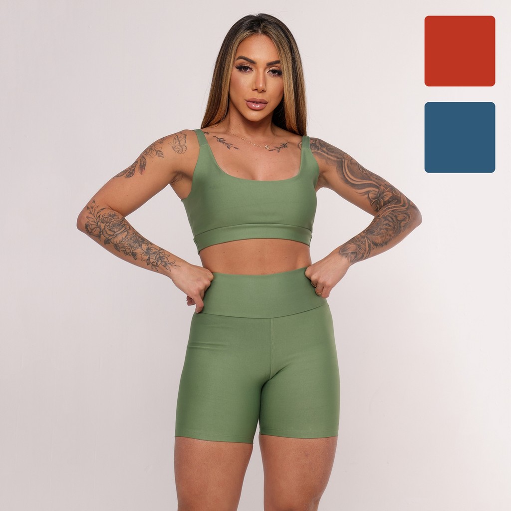 Conjunto Fitness Feminino de Academia Short e top - Terra Cota, Azul e Verde