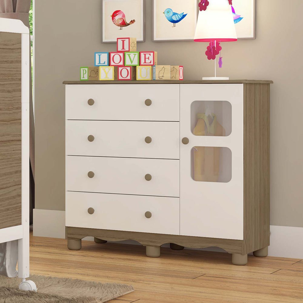 Cômoda Infantil 95cm 1 Porta com Janela e 4 Gavetas Mimo 100% MDF Espresso Móveis Branco/Brilho/Carvalho Branco