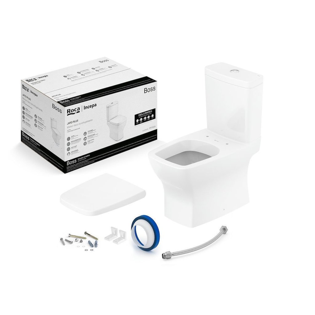 Kit de Bacia com Caixa Assento PP com Queda Amortecida e Complementos de Instalação Boss Roca Branco