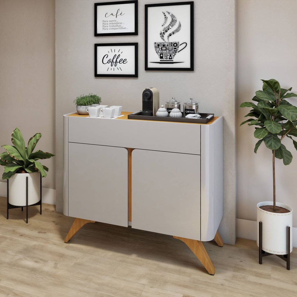 Buffet para Sala de Jantar Laqueado 100% MDF 2 Portas 92cm Pés Madeira Maciça Havana Off White/Naturalle