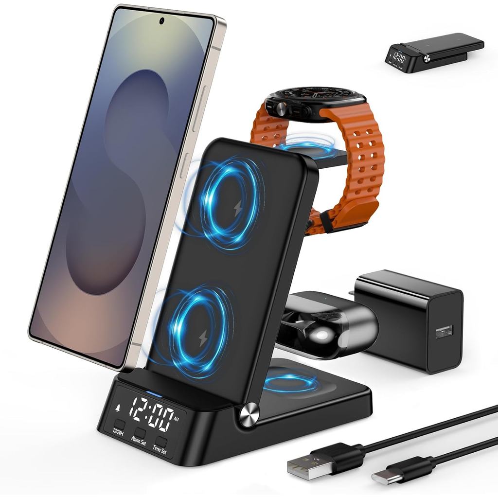 Carregador Sem Fio com Despertador para Samsung, Estação de Carregamento Dobráve
