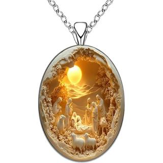 Colar de Jesus em Camafeu para Mulheres, Colar Religioso com Cena de Natividade, Colares com Pingente de Vidro Vintage, 