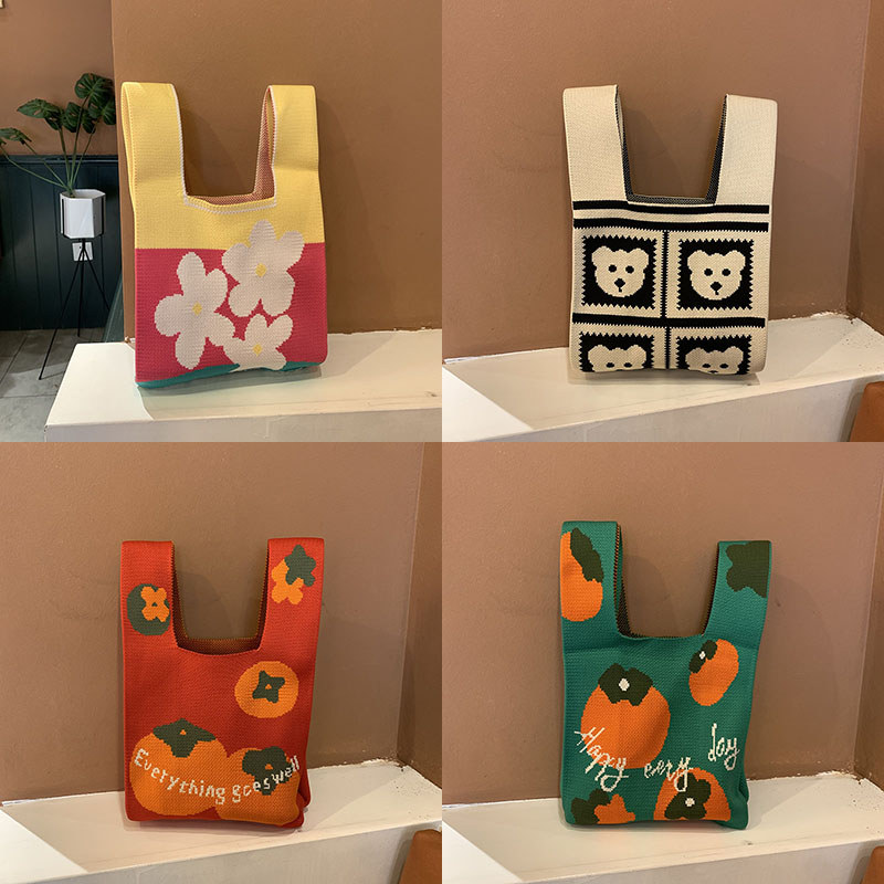 Novo urso dos desenhos animados bolsa de malha feminina passeio trabalhando pequeno saco andando bebê pequeno saco lembr