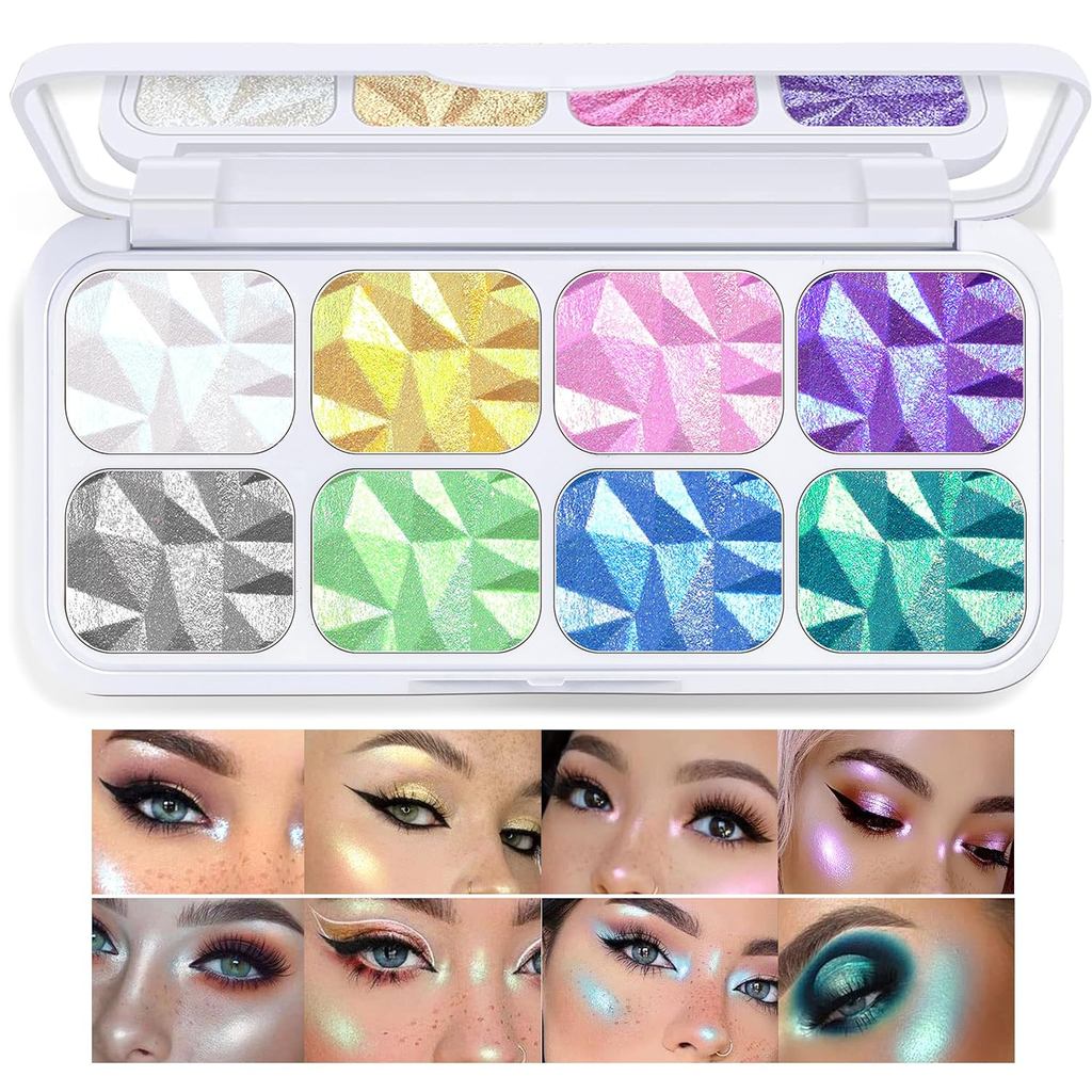 Paleta de Maquiagem com 8 Cores de Iluminador Facial, Iluminadores de Maquiagem com Brilho Diamante, Sombra de Olhos Cam