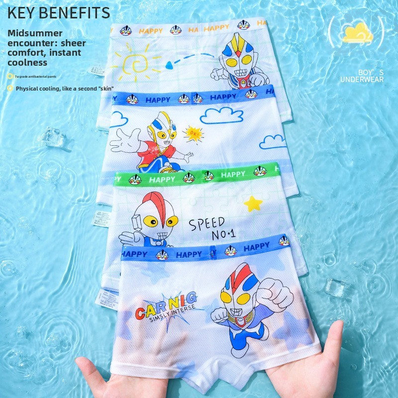 ((4 peças) Cueca Boxer de seda gelada para meninos, cueca Boxer respirável para bebês, Shorts infantis