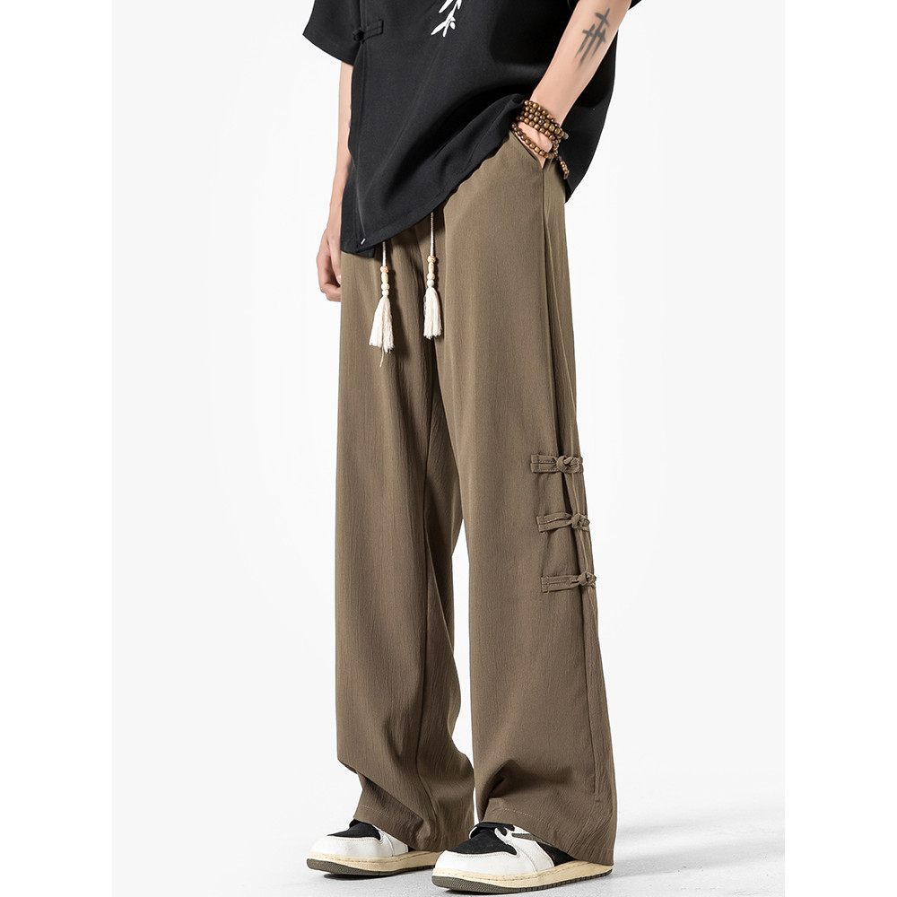 Novo estilo chinês estilo chinês fivela de disco calças casuais mulheres homens verão fino Retro solto perna larga reta