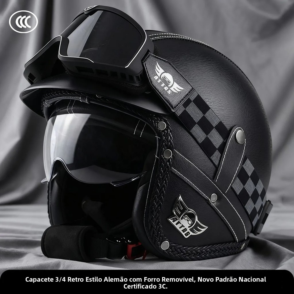 Capacete de Motocicleta Retrô Vintage 3/4 Aberto com Viseira