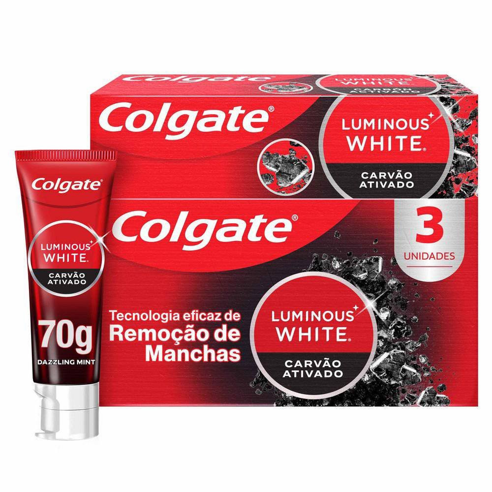 Kit Creme Dental Colgate Luminous White Carvão Ativado 70g Com 3 Unidades em Oferta na Shopee