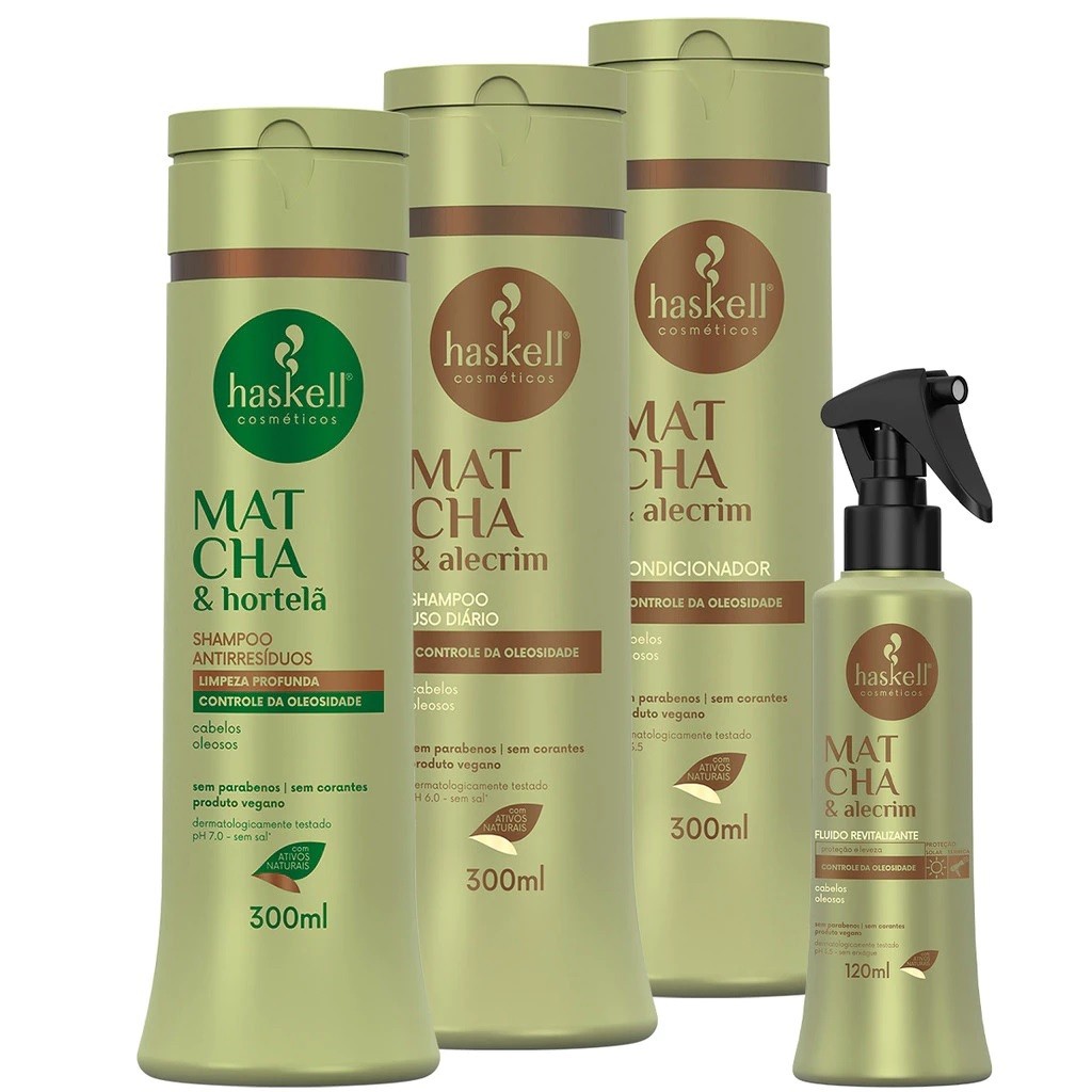 Shampoo Condicionador 300ml e Fluido Matcha Alecrim + Shampoo Hortelã 300ml Haskell