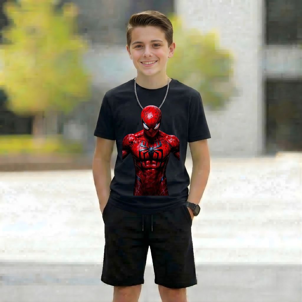 Conjunto Aranha: Camiseta estampada Short Preto 100% Algodão Premium Presente Criança Tendência 2026