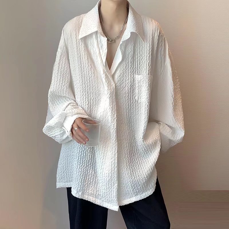Camisa de manga comprida masculina verão ins camisa na moda masculina estilo Hong Kong rufião bonito jaqueta Design nich