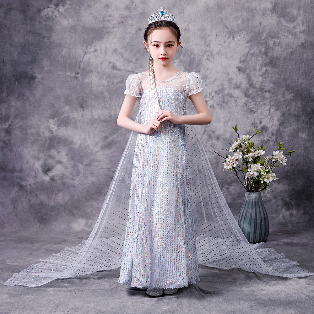 Comércio exterior roupas infantis meninas verão de manga curta congelado Elsa princesa vestido branco lantejoulas manto