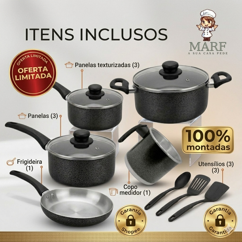 Jogo Panelas EM OFERTA Kit 5 Peças Tampa de Vidro Kit Cozinha Completa + kit com 3 espátulas Frigideira Leiteira Panelas