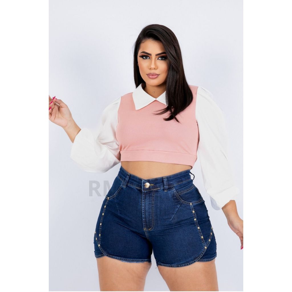 Short Jeans Feminino Plus Size Com Lycra Cintura Alta Azul Escuro Com Taxinha Jeans Feminino