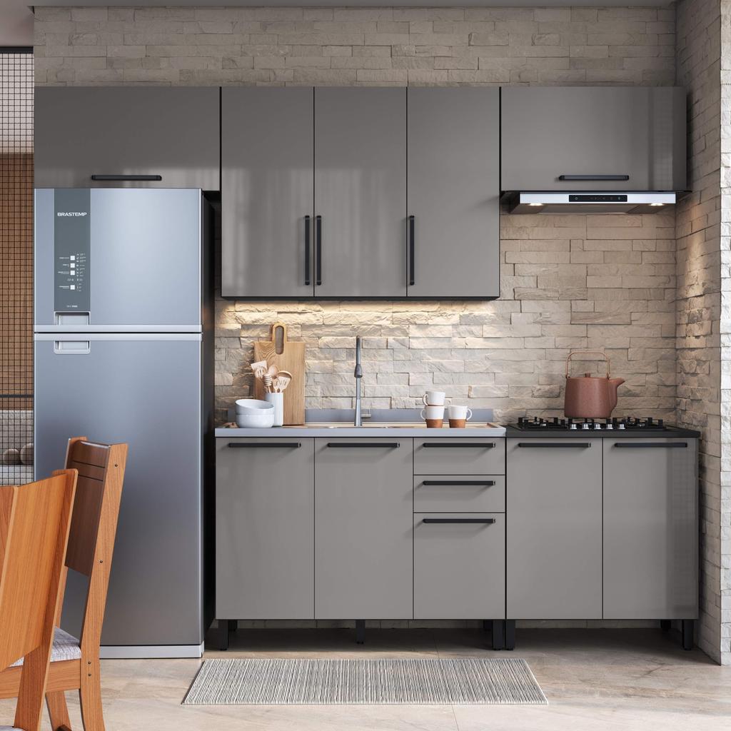 Armário de Cozinha Modulada Completa Fidelitá Mônaco 5 Peças 280cm 9 Portas 3 Gavetas Sem Tampo Chumbo/Titânio