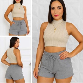 Short Feminino Moletinho Moletom Liso Bolso Lateral Elástico Cores Tendência