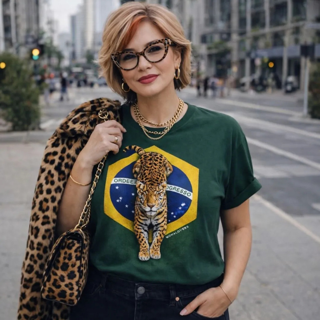 Camiseta Feminina Estampa Onça Brasil Verde Copa Do Mundo Brasileira Premium