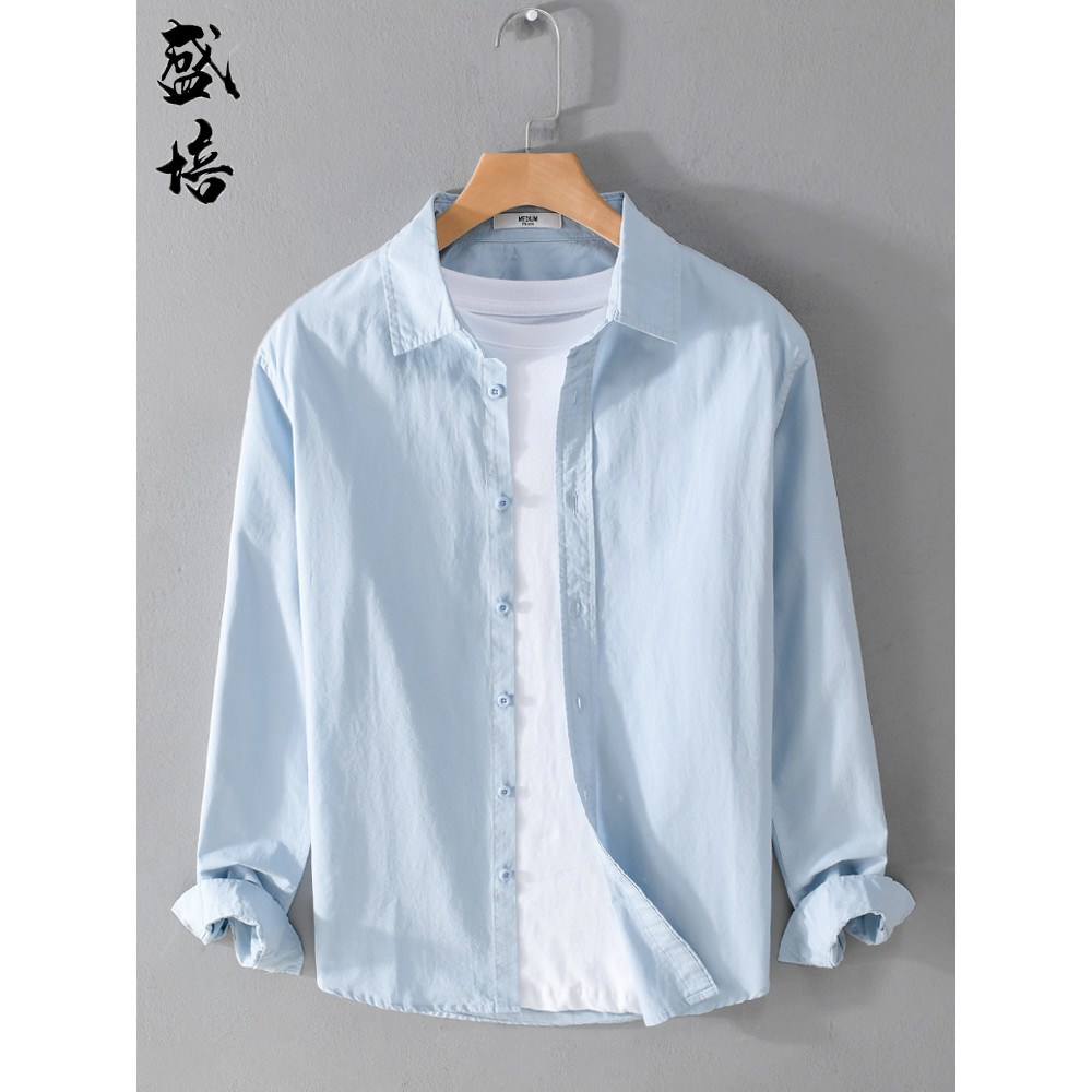 Camisa de verão masculina fresca cor sólida japonesa simples fina camisa de manga comprida jaqueta Casual masculina jove