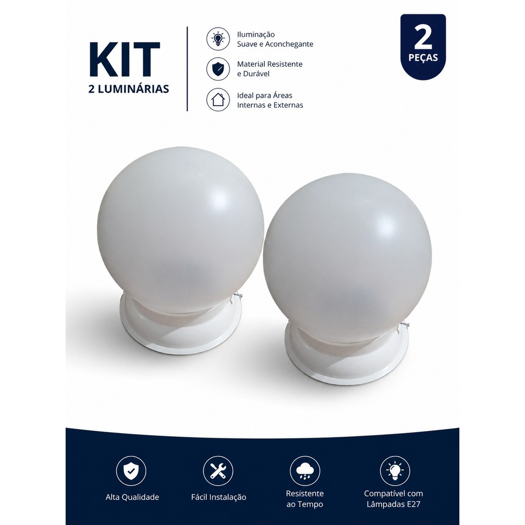 2 Unidades Luminária Bolinha Com Suporte Globo 15cm Boca 10cm PVC