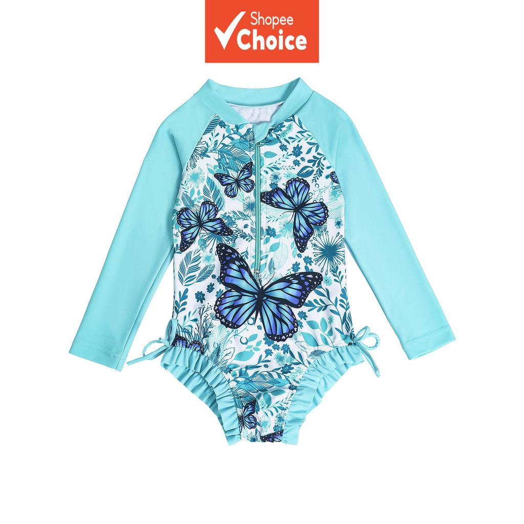 Trajes de banho para meninas, design borboleta de manga longa, maiô havaiano, roupa de banho infantil, peça única de