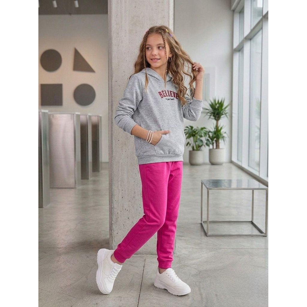 Conjunto juvenil menina cinza inverno moletinho flanelado com capuz casaco + calça tamanho 10 12 14