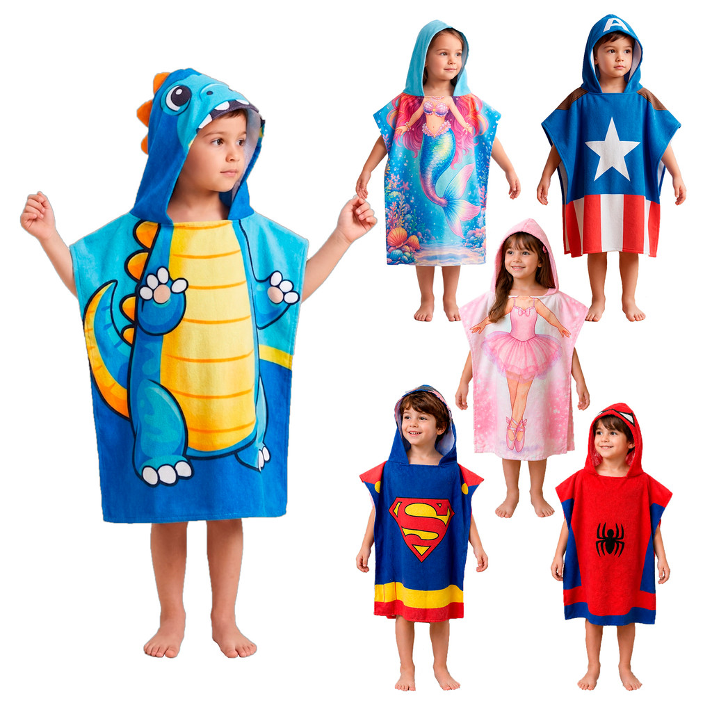 Toalha Poncho Infantil com Capuz Praia Piscina Banho Menino Menina Estampada