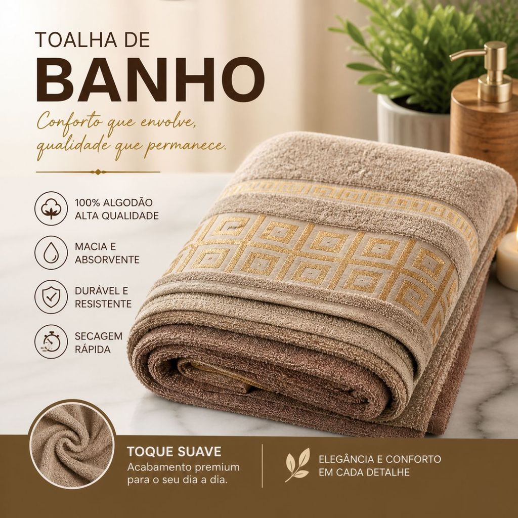 Toalha de Banho Grande 68x137cm 40% Algodão 60% Poliéster Confortável, Resistente e de Secagem Rápida para Uso Diário